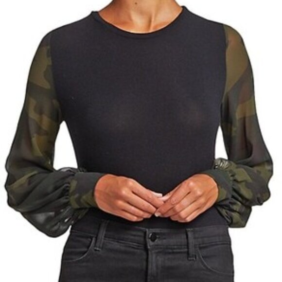 Generation Love Tops - NWT Generation Love Noelle Camo Sleeve Top Black Knit Green Camo Women's Size XS